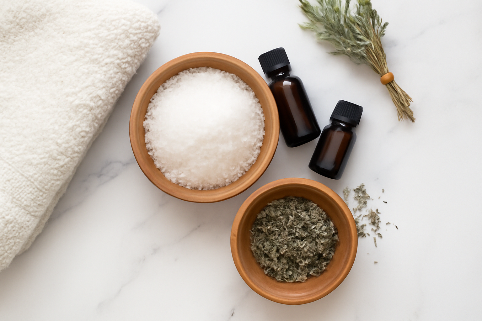 Ingredientes naturales para baño de pies: sales, aceites esenciales y hierbas