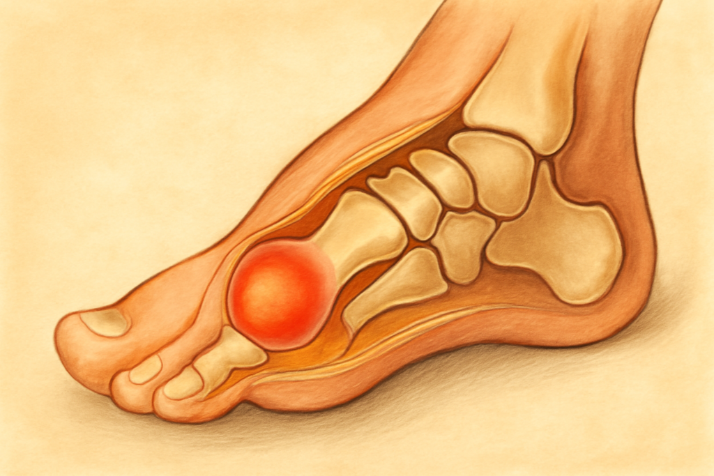 Ilustración anatómica de bursitis del juanete con bursa inflamada