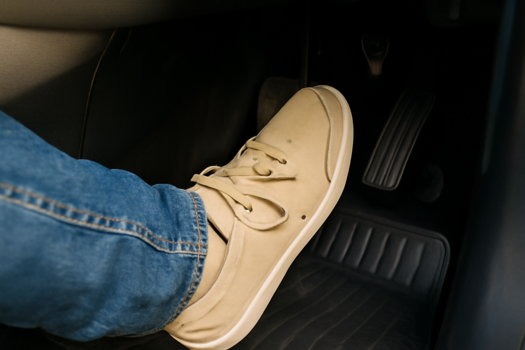 Pie con zapato cómodo en pedal de coche tras recuperación de juanete