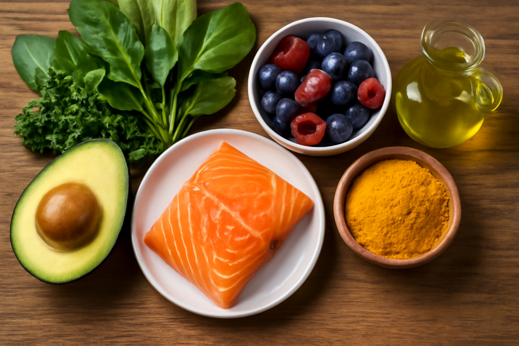 Alimentos antiinflamatorios: salmón, aguacate, frutos rojos, cúrcuma y verduras