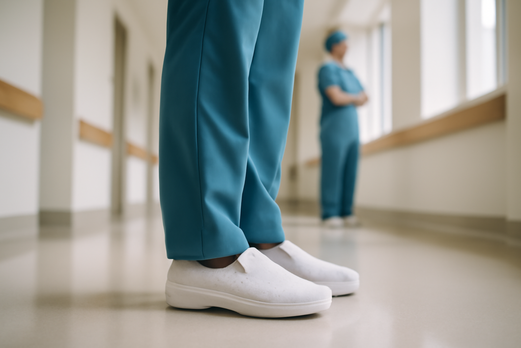 Enfermera de pie durante largas horas con calzado de trabajo cómodo