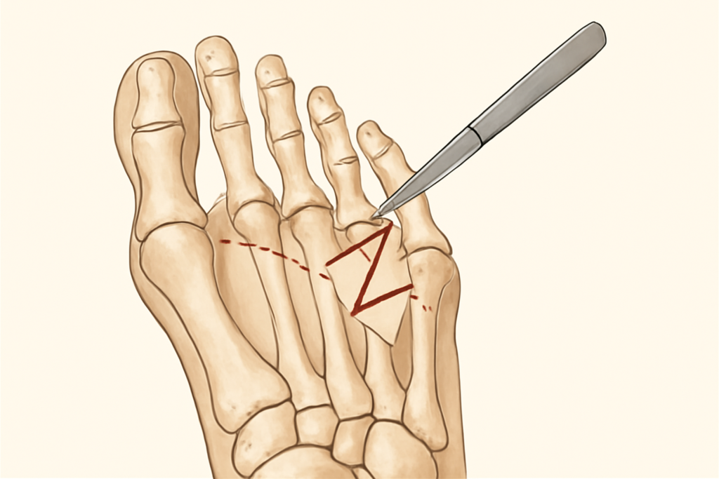 Ilustración de la técnica de osteotomía Scarf en el primer metatarsiano