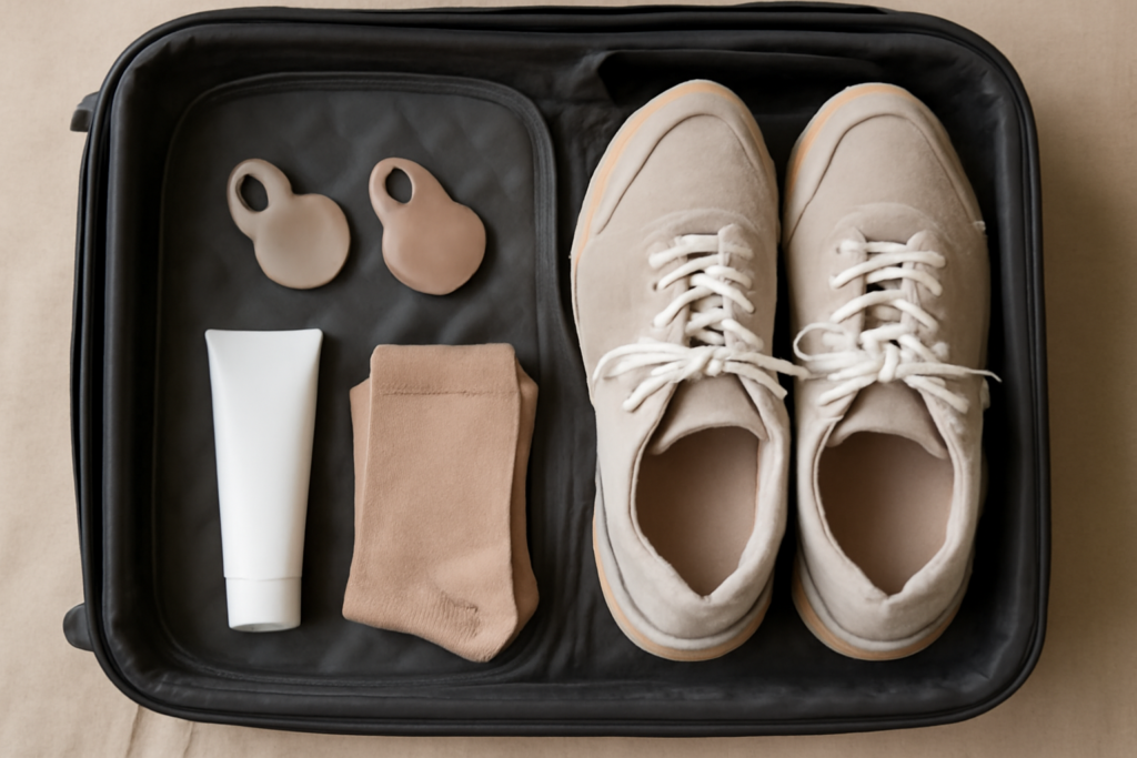 Kit de viaje con accesorios esenciales para juanetes en maleta