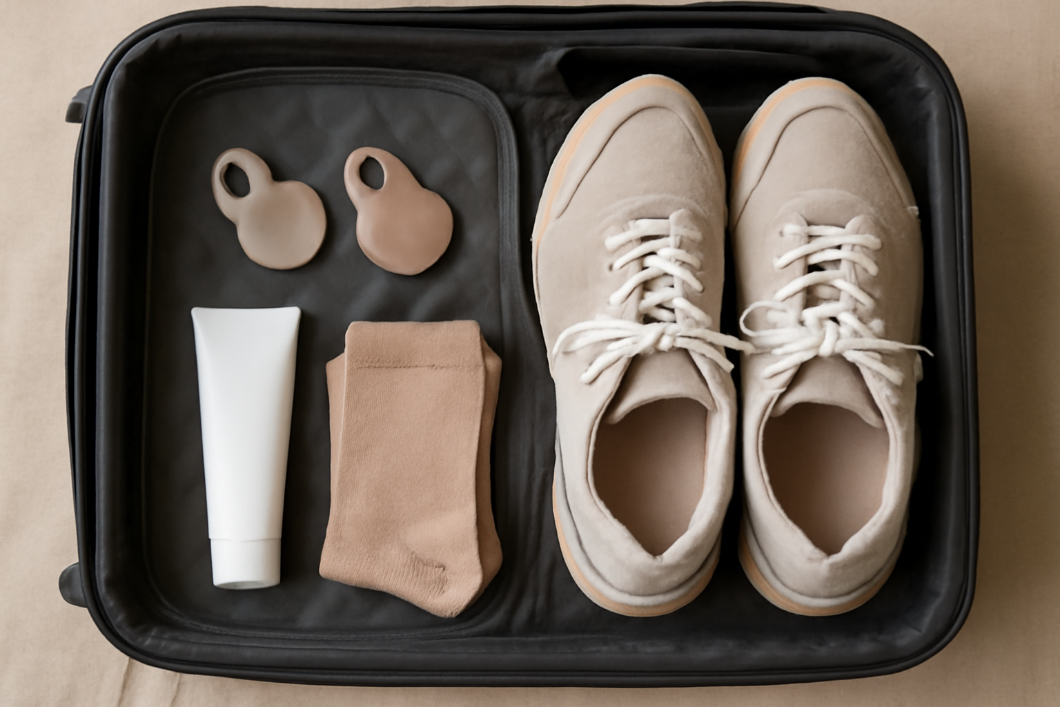Kit de viaje con accesorios esenciales para juanetes en maleta
