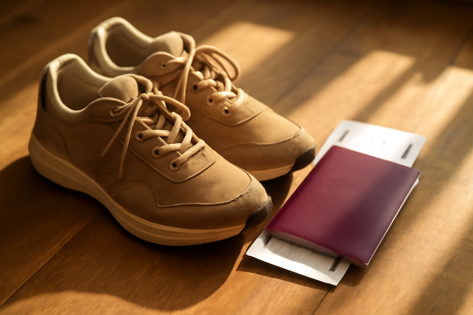 Zapatos cómodos para viaje junto a tarjeta de embarque
